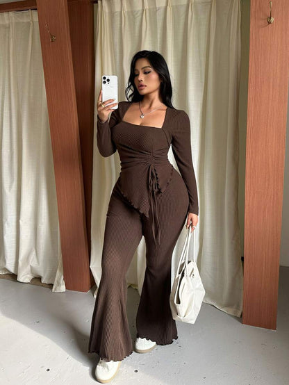 GalTyme Plus Size Women's Casual Asymmetrical Hem Tie Top And Flared Leg Pants Set Fall