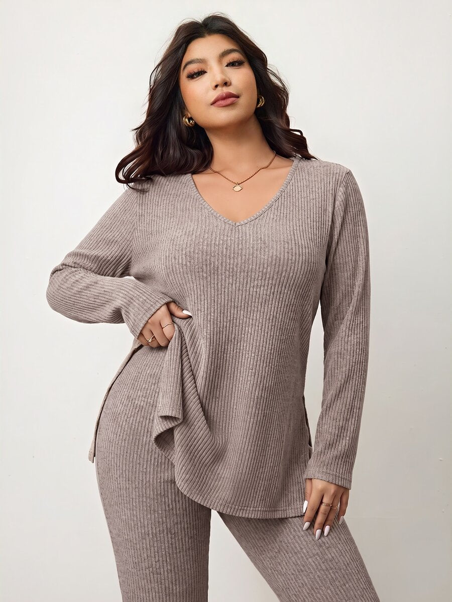 Enliva Plus Size Casual Home Wear 2 Pieces Set: Minimalist Off-Shoulder Ribbed Design, Suitable For Autumn/Winter, Flattering For Curvy Figures Fall