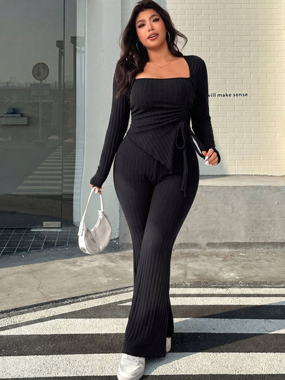 GalTyme Plus Size Women's Casual Asymmetrical Hem Tie Top And Flared Leg Pants Set Fall