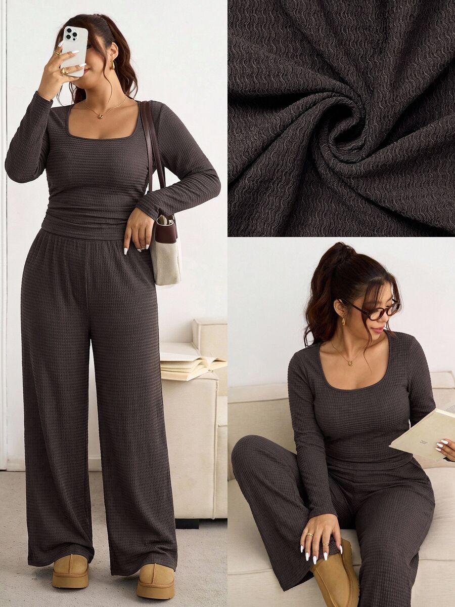 Lounesse Plus Size Women Solid Color Square Neck Long Sleeve T-Shirt And Pants Casual 2 Pieces Set Casual Daily Going Out 2 Pieces Sets Casual School Outfit Set
