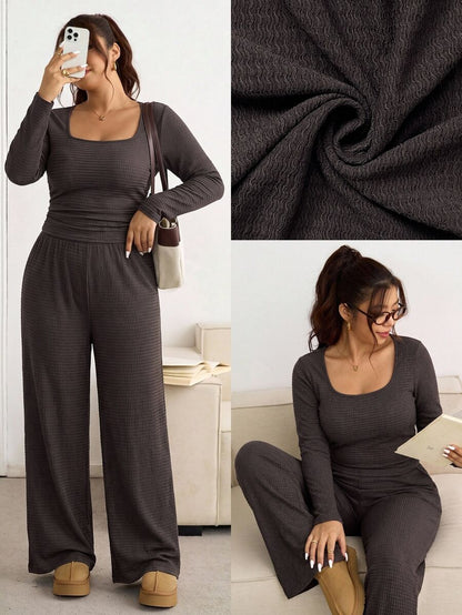 SHEIN Frenchy Plus Size Women Square Neck Black Long Sleeve T-Shirt And Wide Leg Pants Casual 2 Piece Set Formal Office Holiday Holiday Autumn Fall