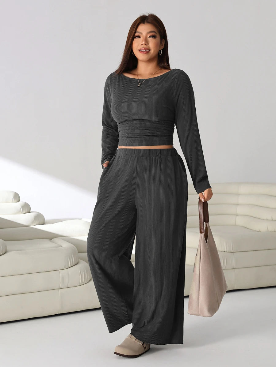 Solflare Plus Size Textured Long Sleeve Top And Loose Pants With Pockets 2 Pieces Set Fall