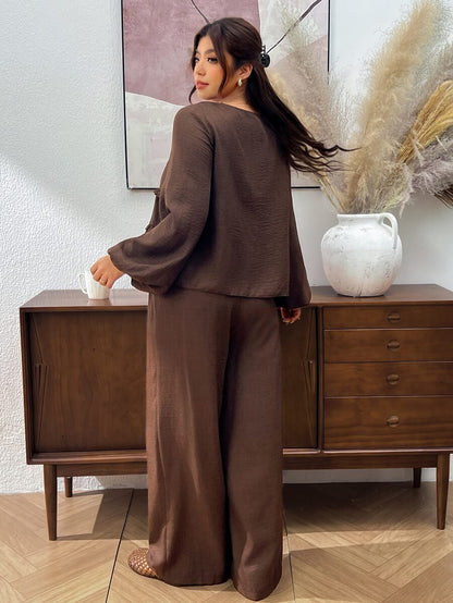 Lounesse Plus Size Casual Women 2 Pieces Set, Long Sleeve Outfit, Casual Women's Clothing Brown 2 Pieces Set, Ruffle Hem Outfit Casual Women 2 Pieces Set Long Sleeve Outfit