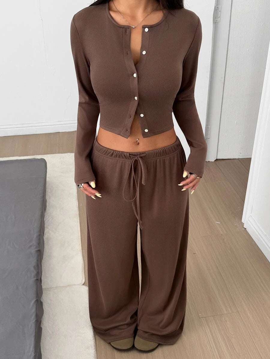 SHEIN EZwear Women's Solid Black Knit Casual Long Sleeve Top And Pants Homewear Set Woman 2 Pieces Outfits 2 Pieces Casual Sets Woman