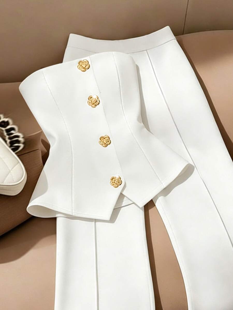 SHEIN Franclia Elegant White Cinched Waist Bandeau Top And Wide Leg Pants Set, Wrinkle-Resistant Draping Slimming Two Pieces Outfit For Office, Commute, Interview, Business, French Luxury Style With White Metal Buckle Bandeau Top + Wide Leg Pants, Suitabl