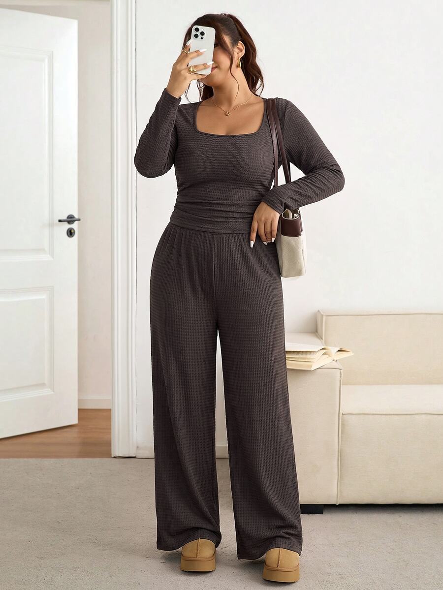 SHEIN Frenchy Plus Size Women Square Neck Black Long Sleeve T-Shirt And Wide Leg Pants Casual 2 Piece Set Formal Office Holiday Holiday Autumn Fall
