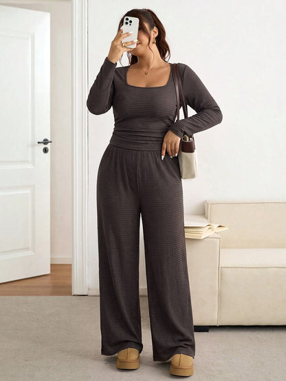 SHEIN Frenchy Plus Size Women Square Neck Black Long Sleeve T-Shirt And Wide Leg Pants Casual 2 Piece Set Formal Office Holiday Holiday Autumn Fall