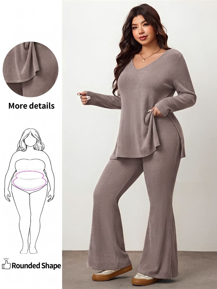 Enliva Plus Size Casual Home Wear 2 Pieces Set: Minimalist Off-Shoulder Ribbed Design, Suitable For Autumn/Winter, Flattering For Curvy Figures Fall