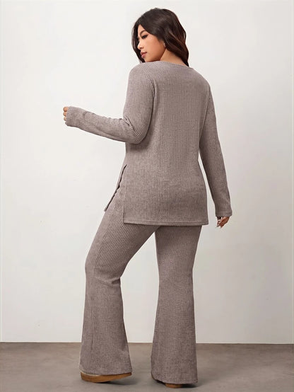 Enliva Plus Size Casual Home Wear 2 Pieces Set: Minimalist Off-Shoulder Ribbed Design, Suitable For Autumn/Winter, Flattering For Curvy Figures Fall
