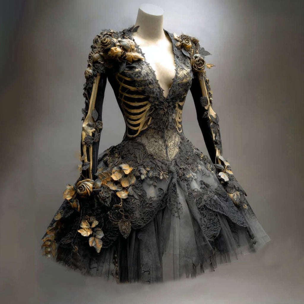 Black version of the long-sleeved lace dress on a mannequin, with a tulle skirt, gold rose appliqués and a printed golden ribcage. 1