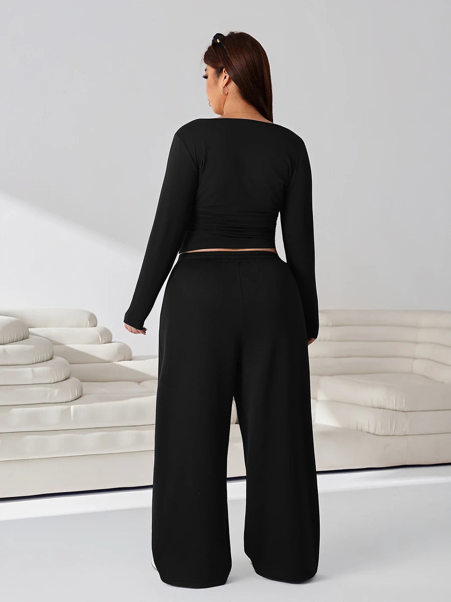 GalTyme Plus Size Women's Solid Color Long Sleeve T-Shirt And Wide Leg Pants Casual 2-Piece Set Fall