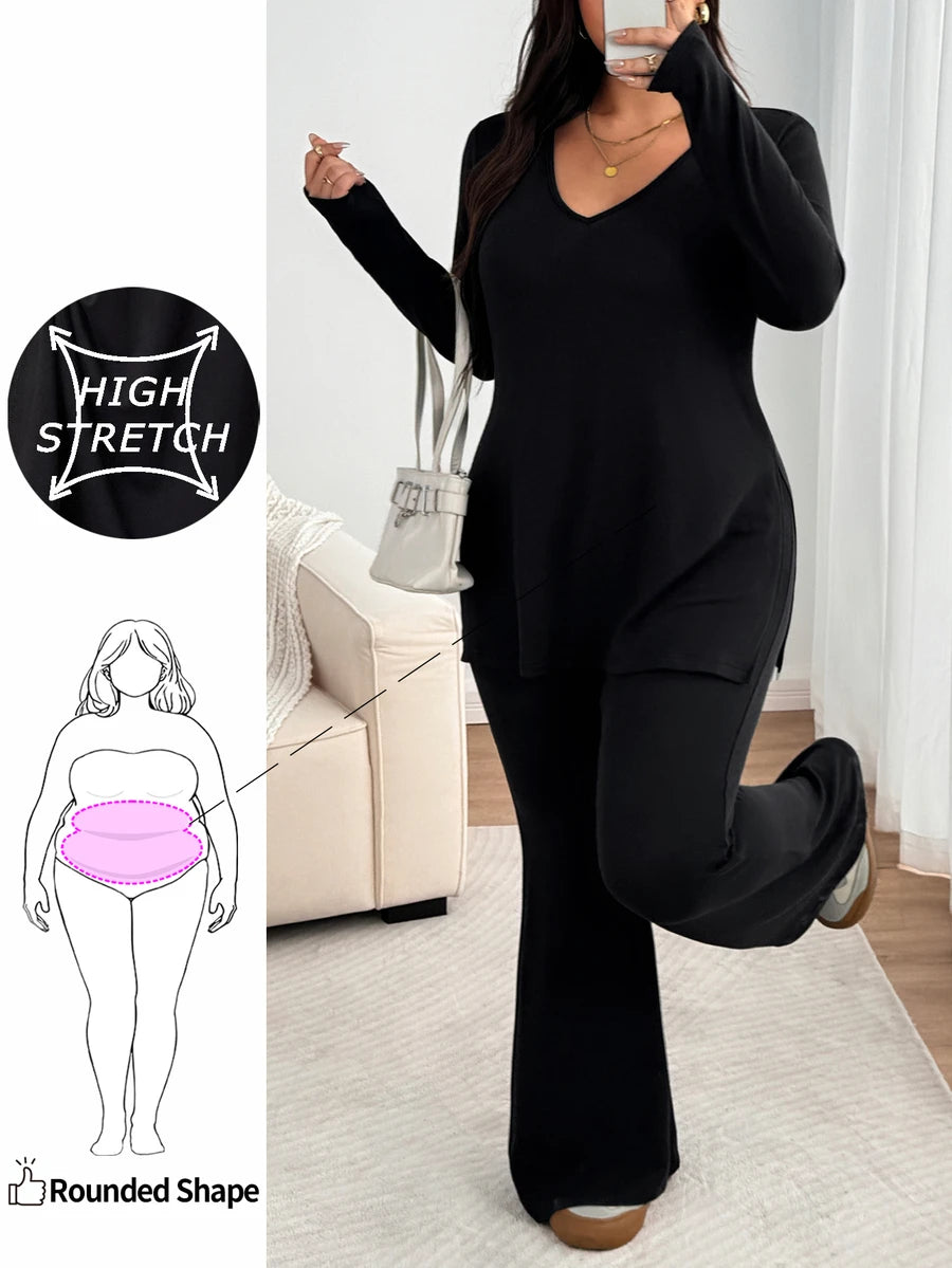 Enliva Plus Size Casual Home Wear 2 Pieces Set: Minimalist Off-Shoulder Ribbed Design, Suitable For Autumn/Winter, Flattering For Curvy Figures Fall