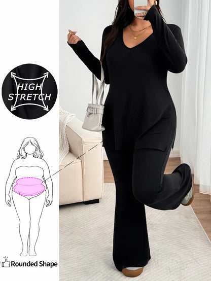 Enliva Plus Size Casual Home Wear 2 Pieces Set: Minimalist Off-Shoulder Ribbed Design, Suitable For Autumn/Winter, Flattering For Curvy Figures Fall