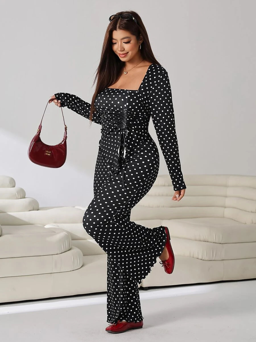 GalTyme Plus Size Women's Casual Asymmetrical Hem Tie Top And Flared Leg Pants Set Fall