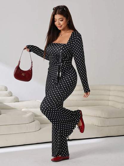 GalTyme Plus Size Women's Casual Asymmetrical Hem Tie Top And Flared Leg Pants Set Fall