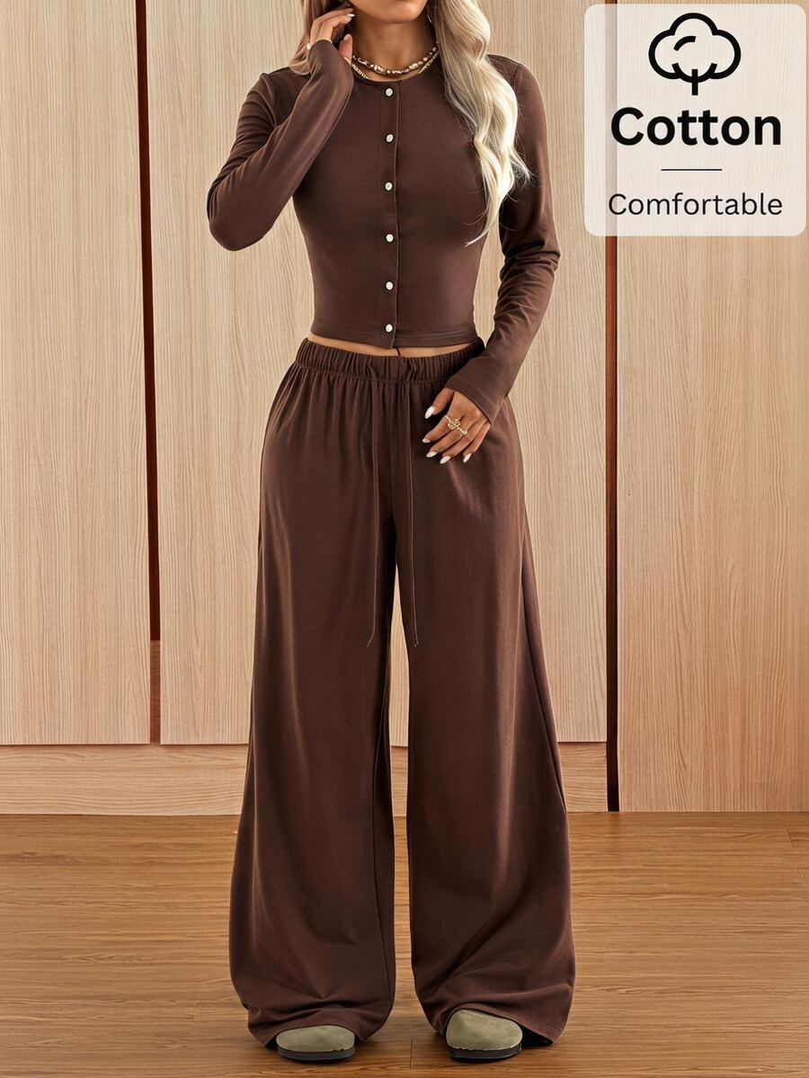 SHEIN EZwear Women's Solid Black Knit Casual Long Sleeve Top And Pants Homewear Set Woman 2 Pieces Outfits 2 Pieces Casual Sets Woman