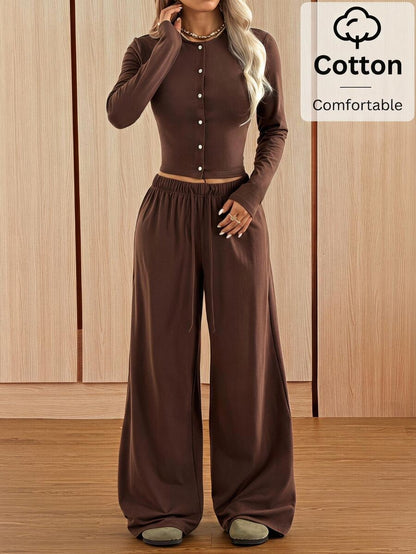 SHEIN EZwear Women's Solid Black Knit Casual Long Sleeve Top And Pants Homewear Set Woman 2 Pieces Outfits 2 Pieces Casual Sets Woman