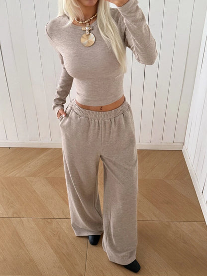 SHEIN EZwear Beige Knitted Women's Crew Neck Long Sleeve T-Shirt And Pants Set Lounge Travel Autumn Casual