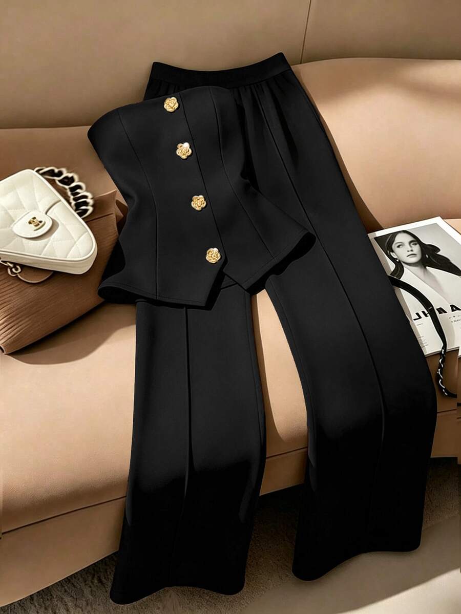 SHEIN Franclia Elegant White Cinched Waist Bandeau Top And Wide Leg Pants Set, Wrinkle-Resistant Draping Slimming Two Pieces Outfit For Office, Commute, Interview, Business, French Luxury Style With White Metal Buckle Bandeau Top + Wide Leg Pants, Suitabl