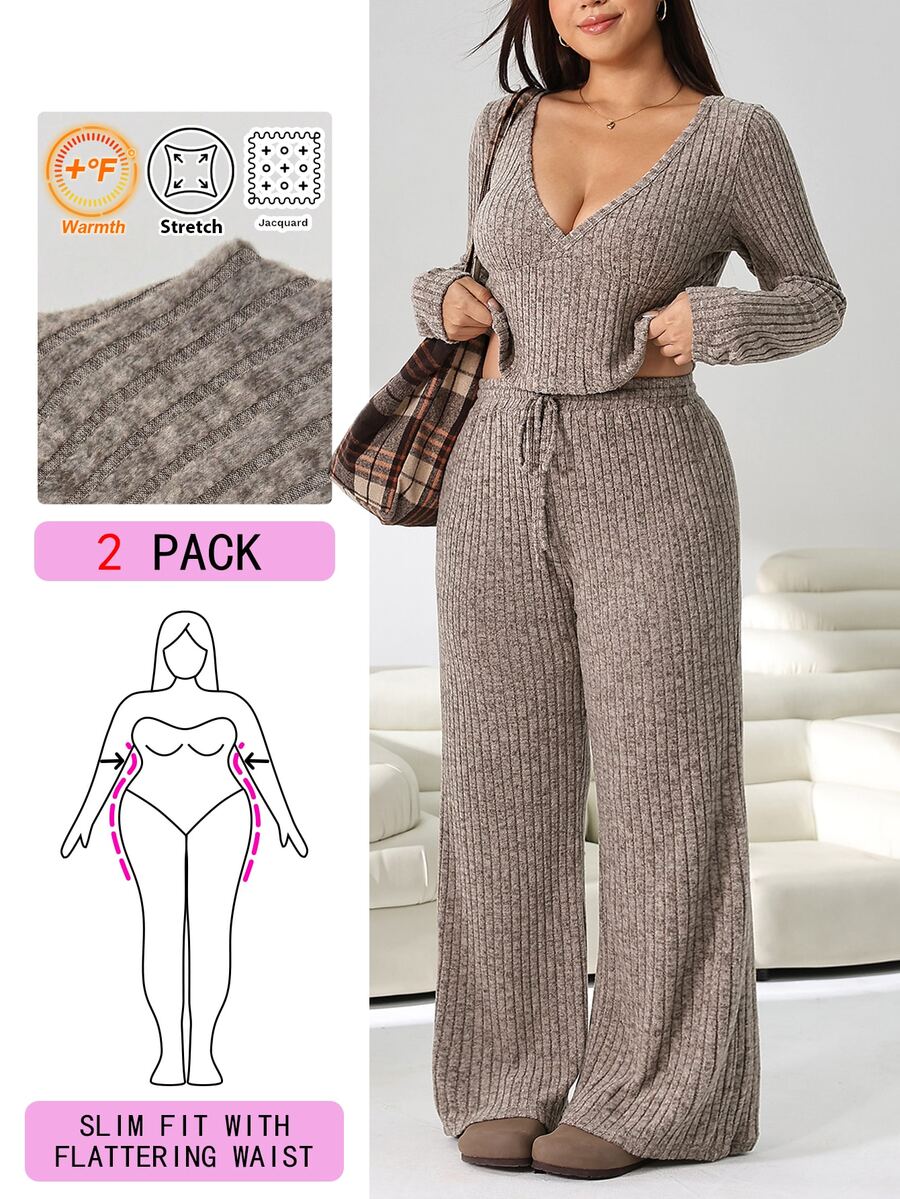 GalTyme Plus Size Contrast Color Long Sleeve Top & Pants 2 Pieces Set,Cerise Pink,Autumn,Smart Casual,Everyday,Chic Elegant Y2k Party Christmas Vacation Fall