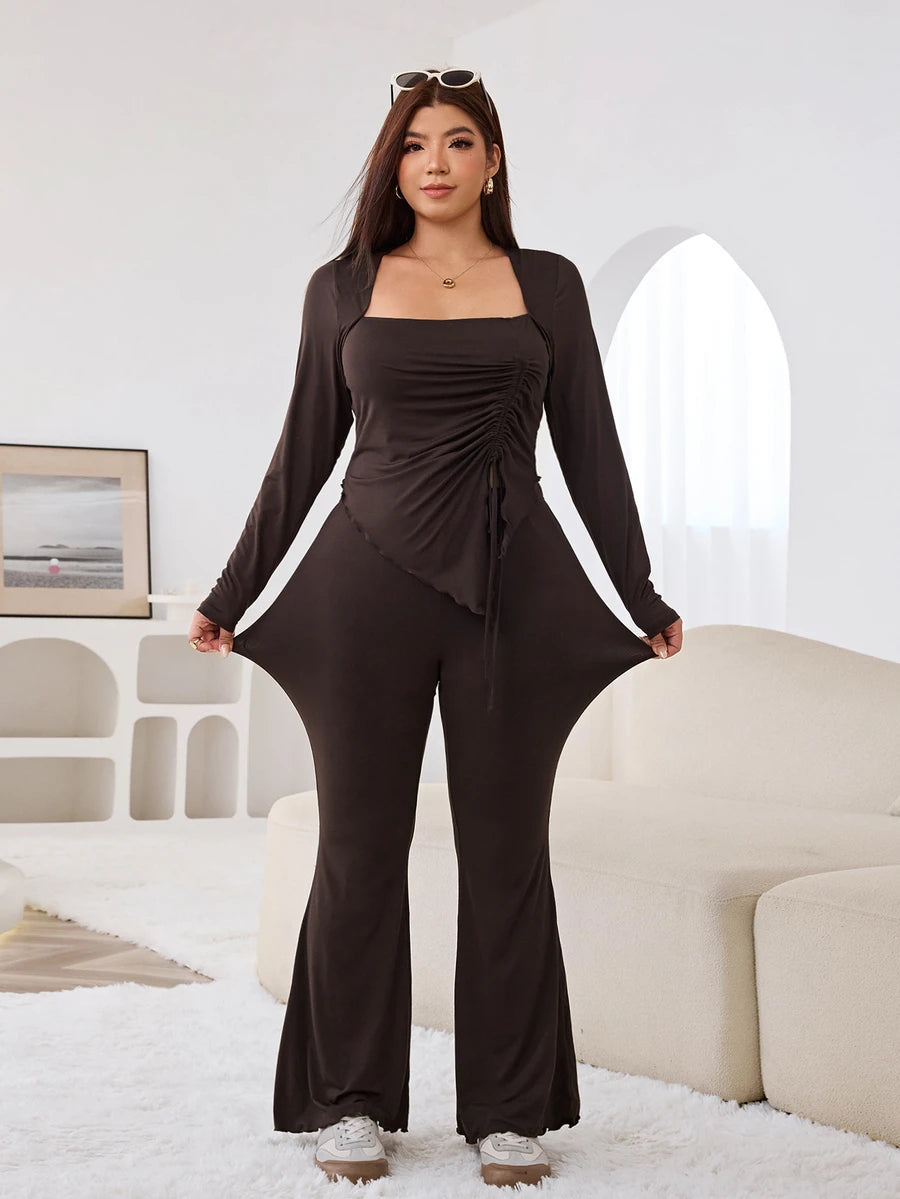 GalTyme Plus Size Women's Casual Asymmetrical Hem Tie Top And Flared Leg Pants Set Fall
