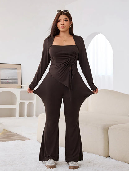 GalTyme Plus Size Women's Casual Asymmetrical Hem Tie Top And Flared Leg Pants Set Fall