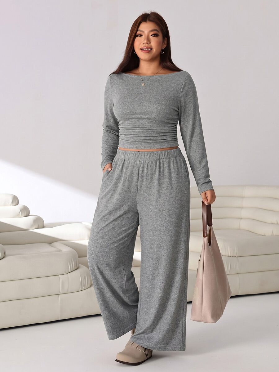 Solflare Plus Size Textured Long Sleeve Top And Loose Pants With Pockets 2 Pieces Set Fall