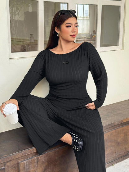 Solflare 2pcs Plus Size Textured Brown Pleated Long Sleeve Top And Pockets Pants Set Fall