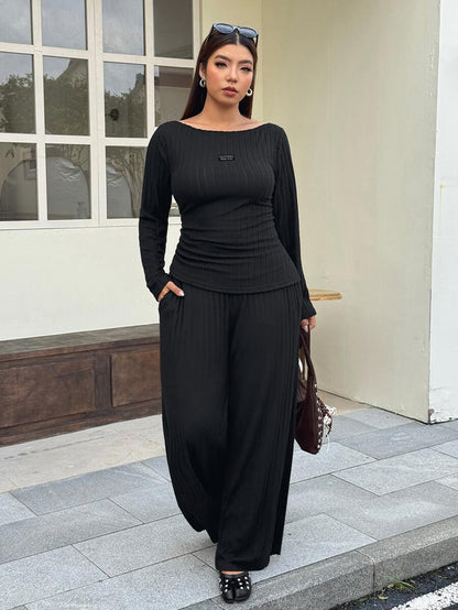 Solflare 2pcs Plus Size Textured Brown Pleated Long Sleeve Top And Pockets Pants Set Fall