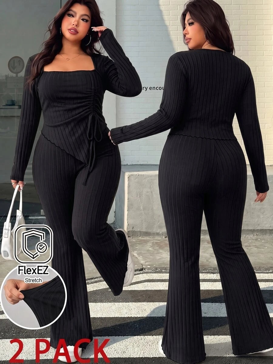 GalTyme Plus Size Women's Casual Asymmetrical Hem Tie Top And Flared Leg Pants Set Fall