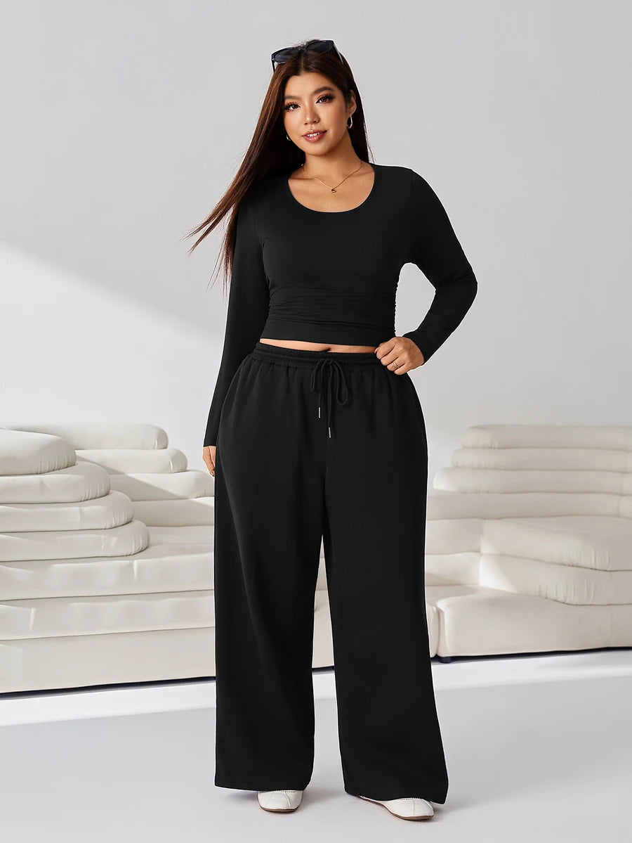 GalTyme Plus Size Women's Solid Color Long Sleeve T-Shirt And Wide Leg Pants Casual 2-Piece Set Fall