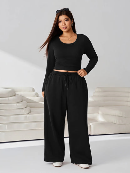 GalTyme Plus Size Women's Solid Color Long Sleeve T-Shirt And Wide Leg Pants Casual 2-Piece Set Fall