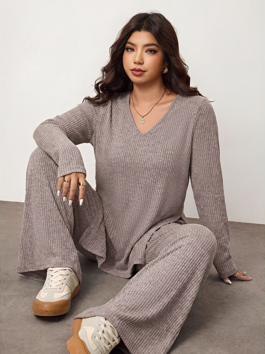 Enliva Plus Size Casual Home Wear 2 Pieces Set: Minimalist Off-Shoulder Ribbed Design, Suitable For Autumn/Winter, Flattering For Curvy Figures Fall