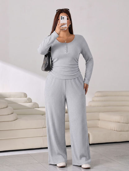 GalTyme Plus Size Women's Solid Color Long Sleeve T-Shirt And Wide Leg Pants Casual 2-Piece Set Fall