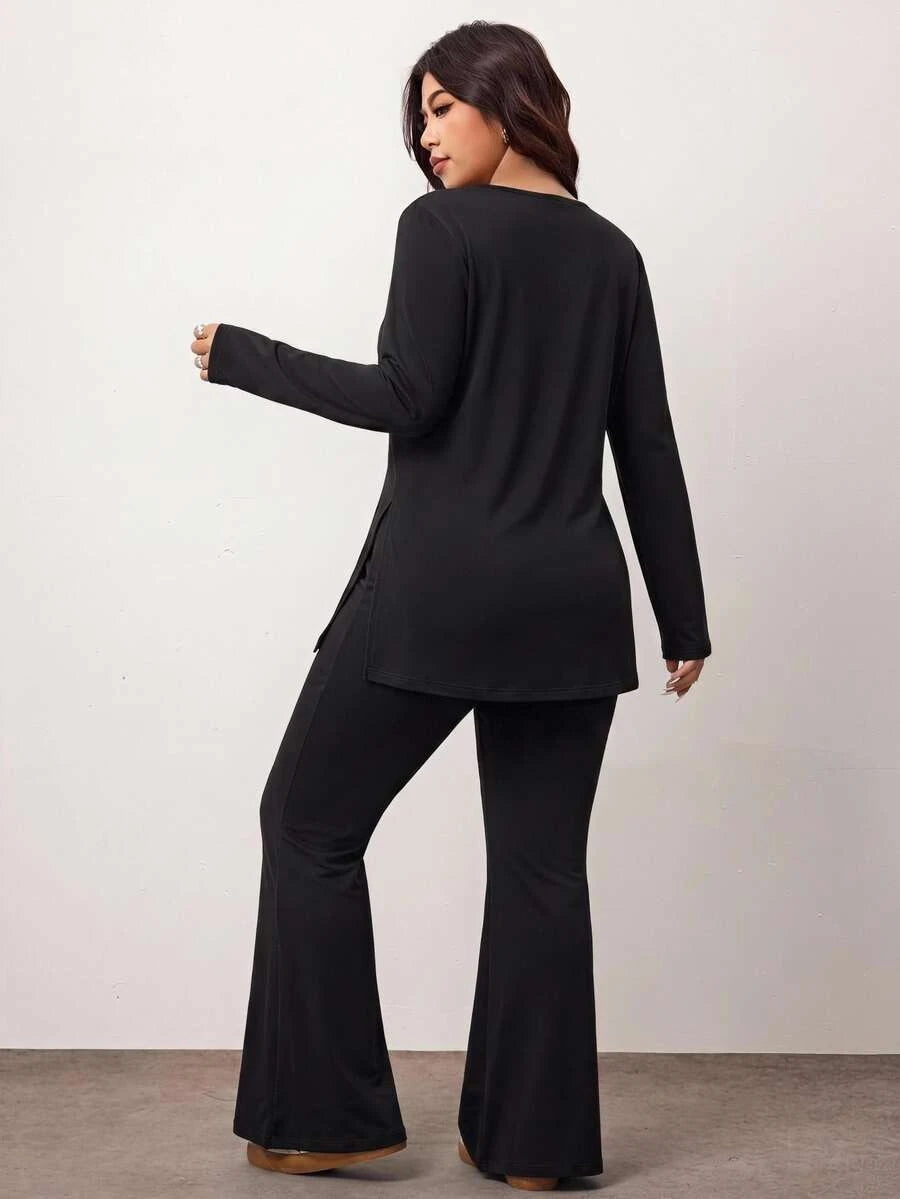 Enliva Plus Size Casual Home Wear 2 Pieces Set: Minimalist Off-Shoulder Ribbed Design, Suitable For Autumn/Winter, Flattering For Curvy Figures Fall
