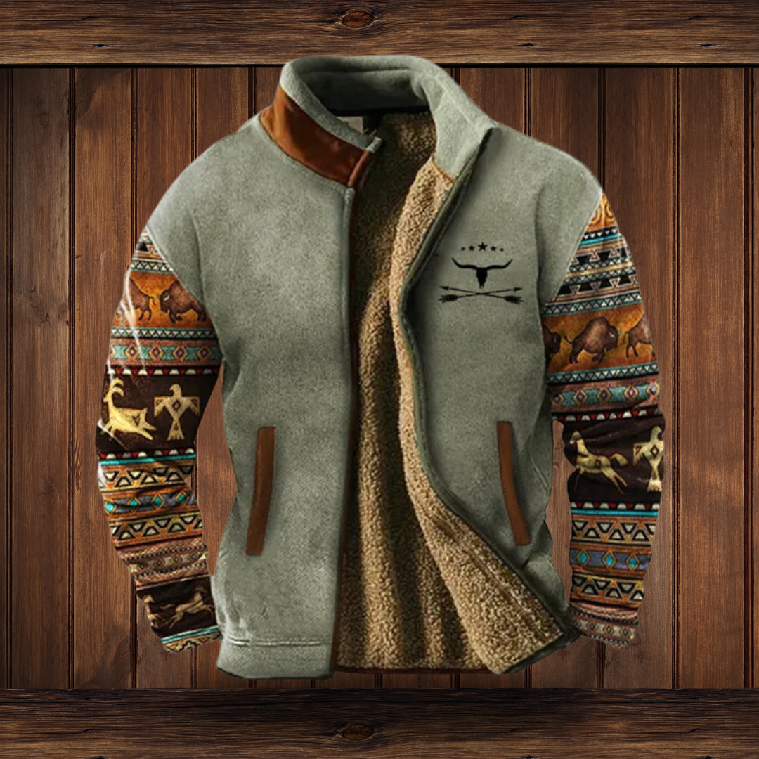 Sage grey-green fleece jacket with patterned animal-motif sleeves, unzipped to show the warm sherpa lining, on a wooden background. 5