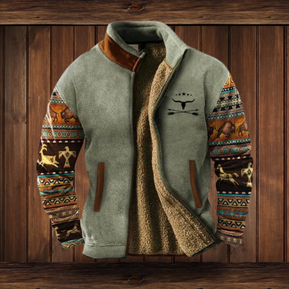 Sage grey-green fleece jacket with patterned animal-motif sleeves, unzipped to show the warm sherpa lining, on a wooden background. 5