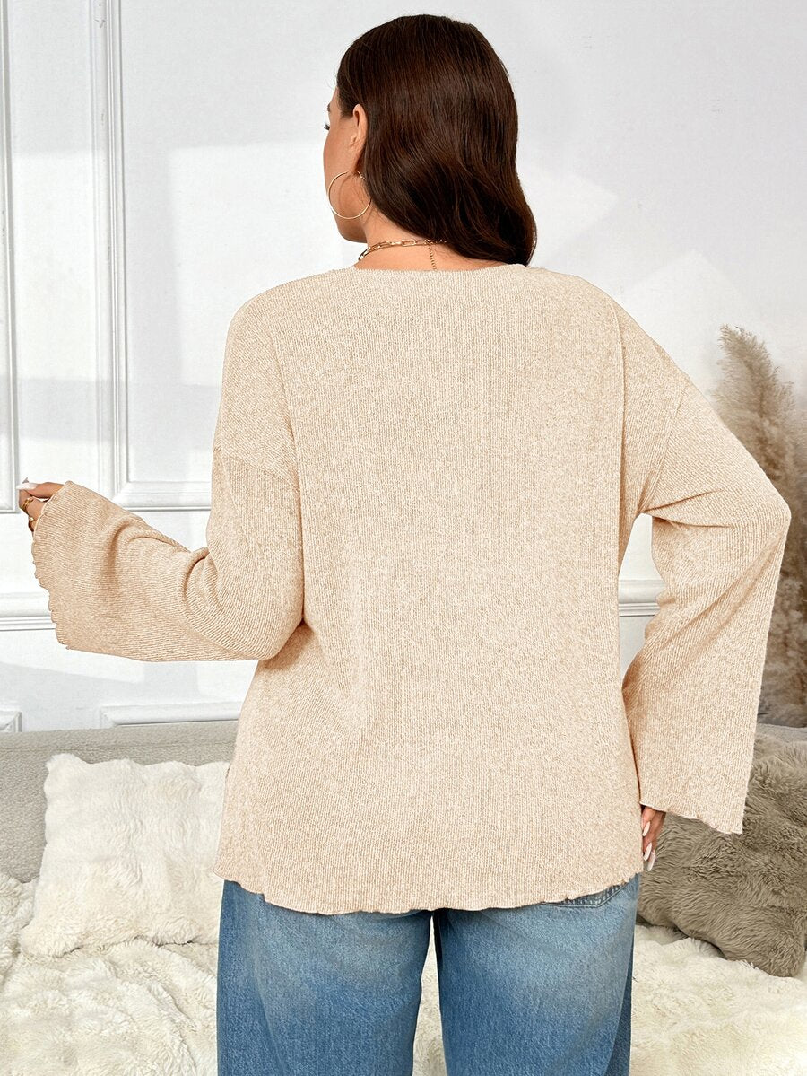 SHEIN Frenchy Plus Size Faux Pearl Button Deep V-Neck Long-Sleeved Knitted Coat, Spring Casual Mother's Day, Fall/Winter