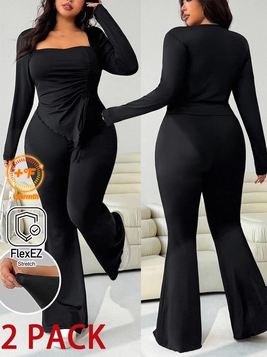 GalTyme Plus Size Women's Casual Asymmetrical Hem Tie Top And Flared Leg Pants Set Fall