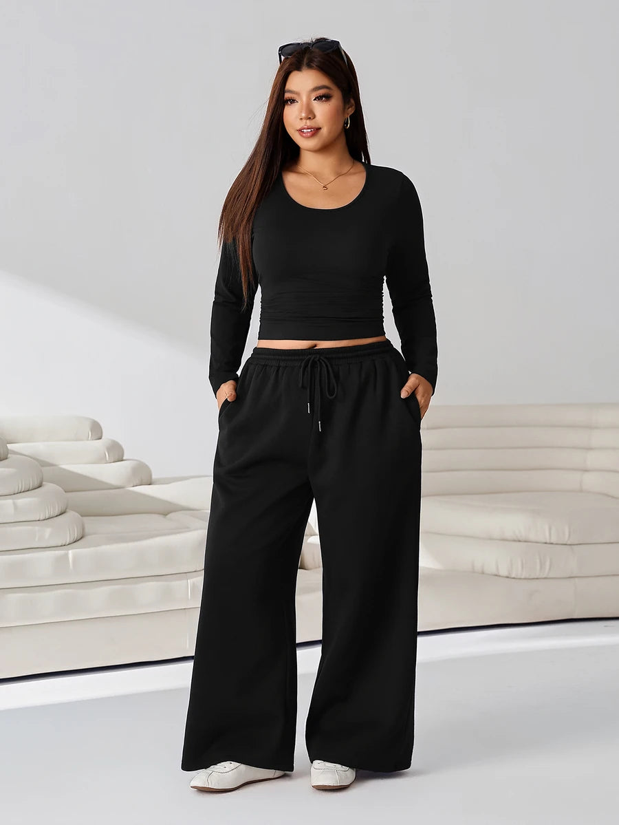 GalTyme Plus Size Women's Solid Color Long Sleeve T-Shirt And Wide Leg Pants Casual 2-Piece Set Fall