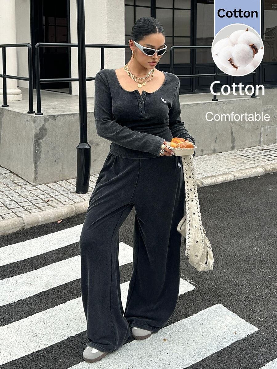 GalTyme Plus Size Women's Solid Color Long Sleeve T-Shirt And Wide Leg Pants Casual 2-Piece Set Fall