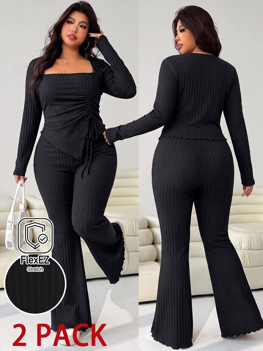 GalTyme Plus Size Women's Casual Asymmetrical Hem Tie Top And Flared Leg Pants Set Fall