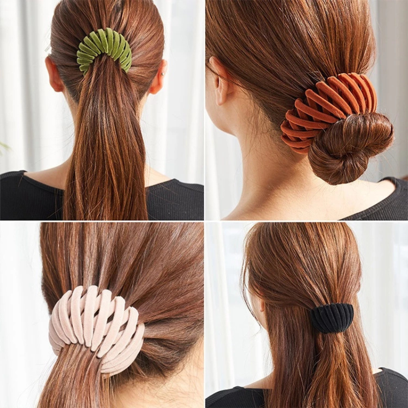 Four close views from behind of the clip securing a ponytail, a low bun and a half-up style in green, orange, pink and black. 3