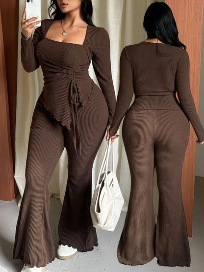 GalTyme Plus Size Women's Casual Asymmetrical Hem Tie Top And Flared Leg Pants Set Fall