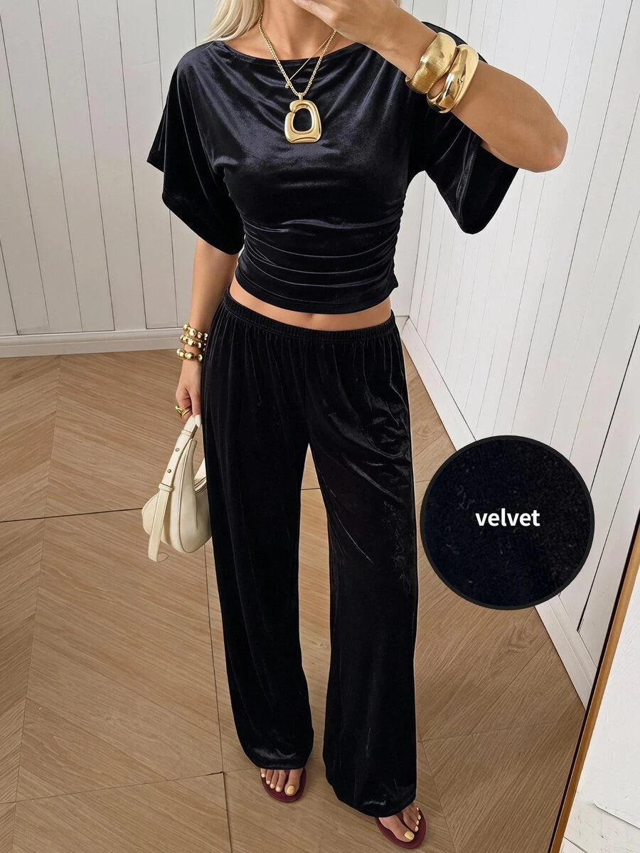 SHEIN EZwear Women's Solid Color Pleated Top And Elastic Waist Long Pants Casual Daily Set Brunch Dark Brown Summer