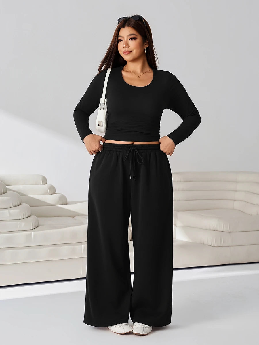 GalTyme Plus Size Women's Solid Color Long Sleeve T-Shirt And Wide Leg Pants Casual 2-Piece Set Fall