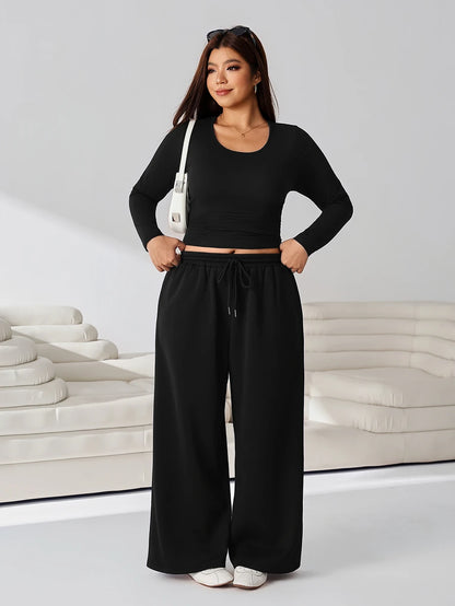 GalTyme Plus Size Women's Solid Color Long Sleeve T-Shirt And Wide Leg Pants Casual 2-Piece Set Fall