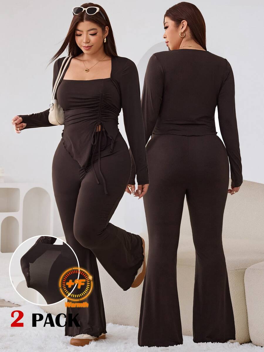 GalTyme Plus Size Women's Casual Asymmetrical Hem Tie Top And Flared Leg Pants Set Fall