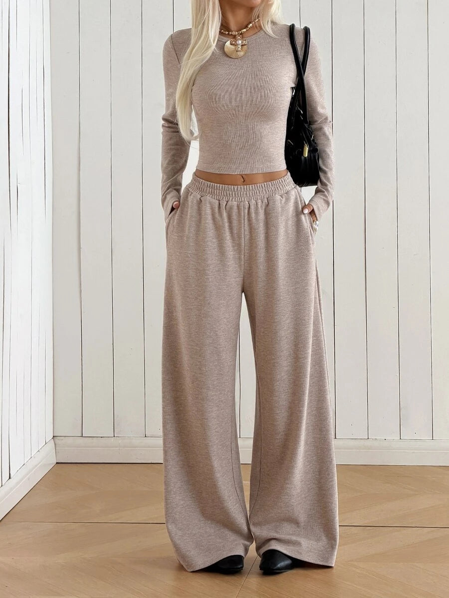 SHEIN EZwear Beige Knitted Women's Crew Neck Long Sleeve T-Shirt And Pants Set Lounge Travel Autumn Casual