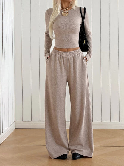 SHEIN EZwear Beige Knitted Women's Crew Neck Long Sleeve T-Shirt And Pants Set Lounge Travel Autumn Casual